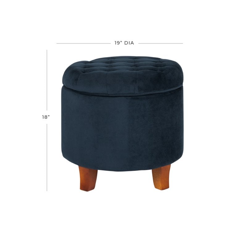 HomePop Round Transitional Wood and Velvet Ottoman with Storage in Dark Blue