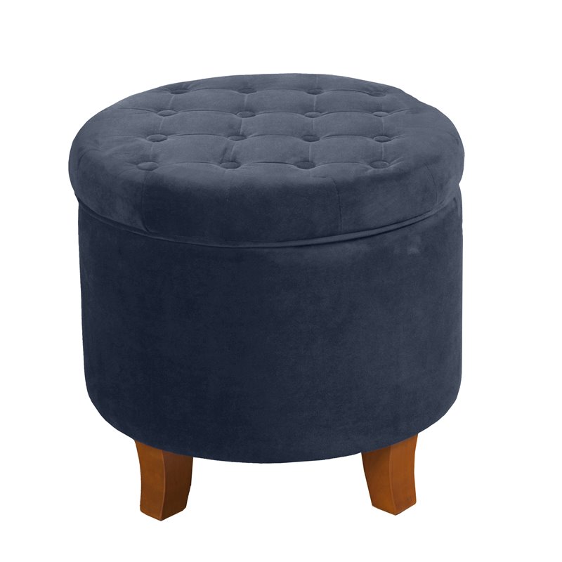 HomePop Round Transitional Wood and Velvet Ottoman with Storage in Dark Blue