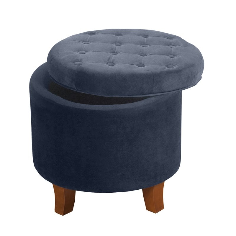HomePop Round Transitional Wood and Velvet Ottoman with Storage in Dark Blue