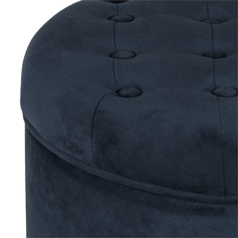 HomePop Round Transitional Wood and Velvet Ottoman with Storage in Dark Blue
