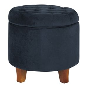 HomePop Round Transitional Wood and Velvet Ottoman with Storage in Dark Blue