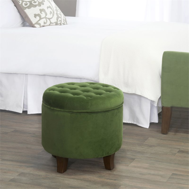 HomePop Round Transitional Wood and Velvet Storage Ottoman in Green