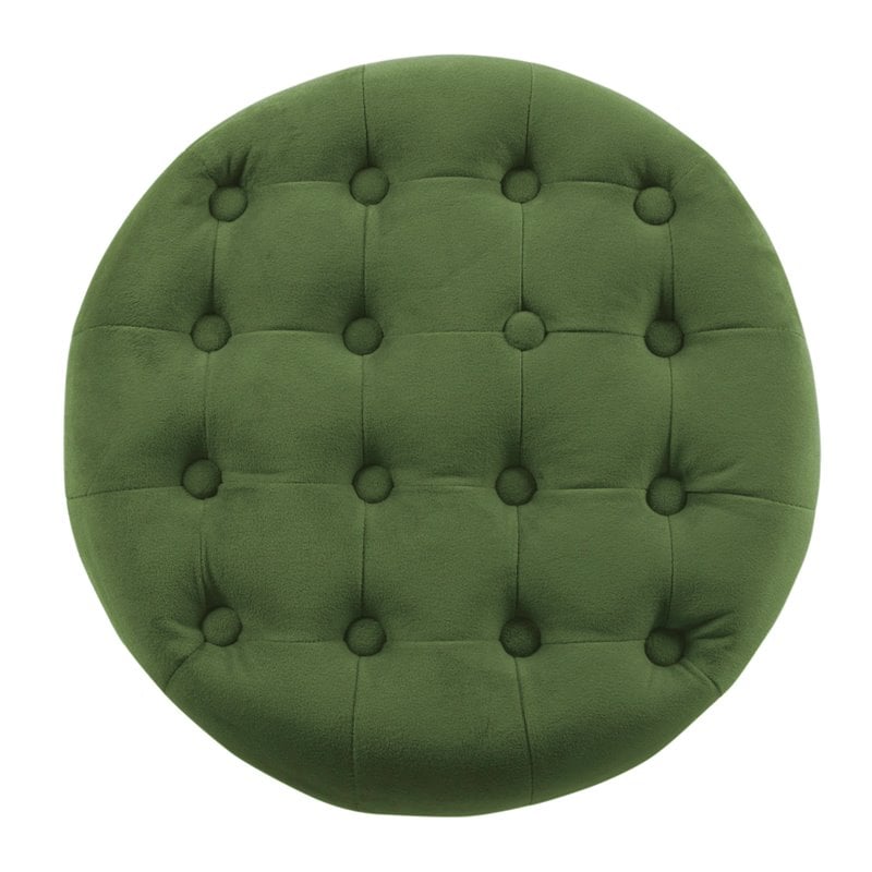 HomePop Round Transitional Wood and Velvet Storage Ottoman in Green