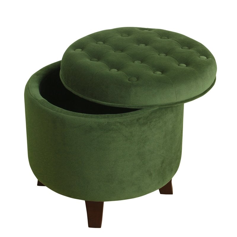 HomePop Round Transitional Wood and Velvet Storage Ottoman in Green