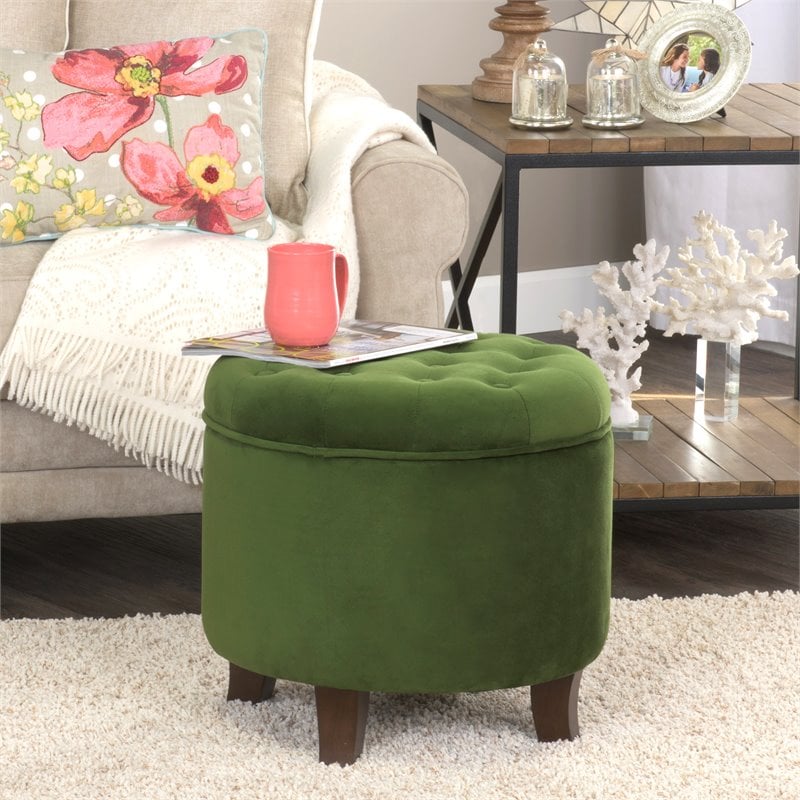 HomePop Round Transitional Wood and Velvet Storage Ottoman in Green