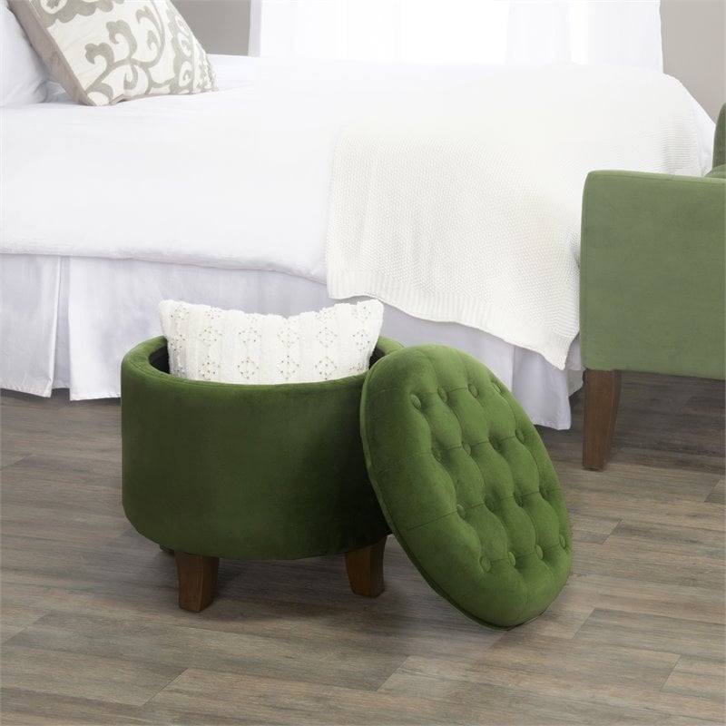 HomePop Round Transitional Wood and Velvet Storage Ottoman in Green