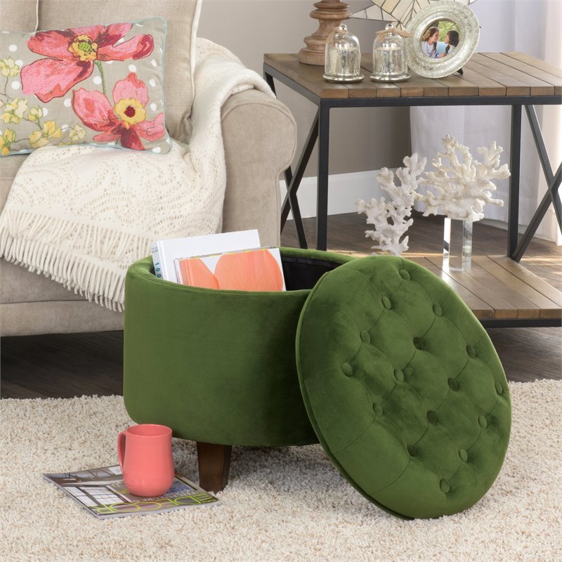 HomePop Round Transitional Wood and Velvet Storage Ottoman in Green