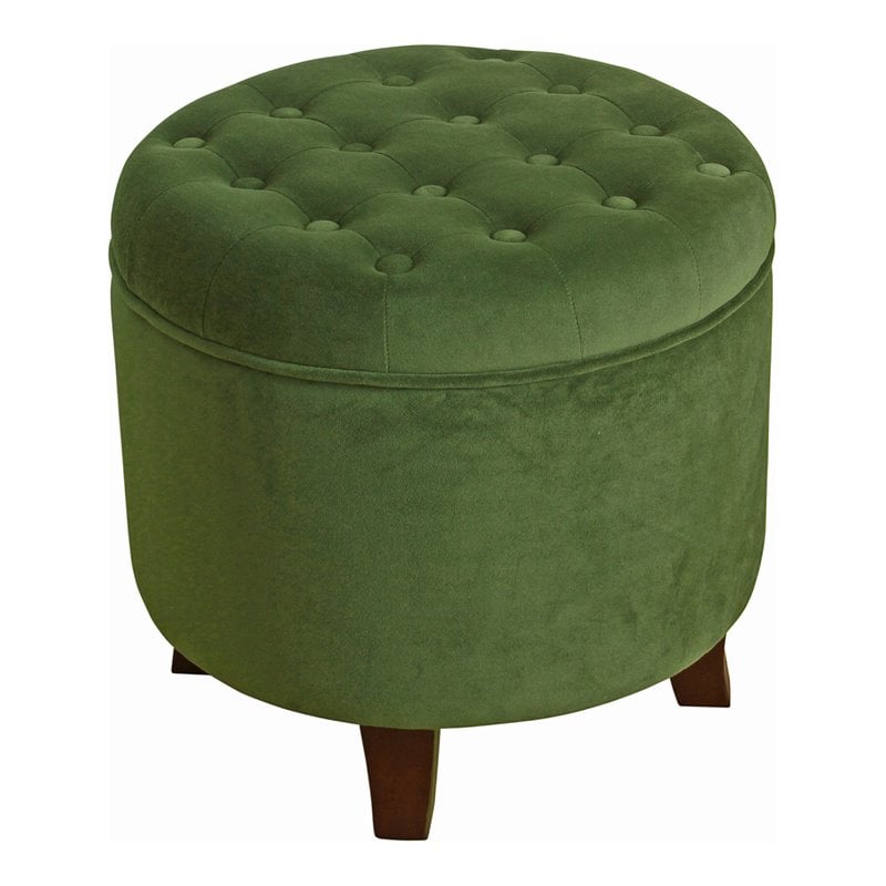 HomePop Round Transitional Wood and Velvet Storage Ottoman in Green