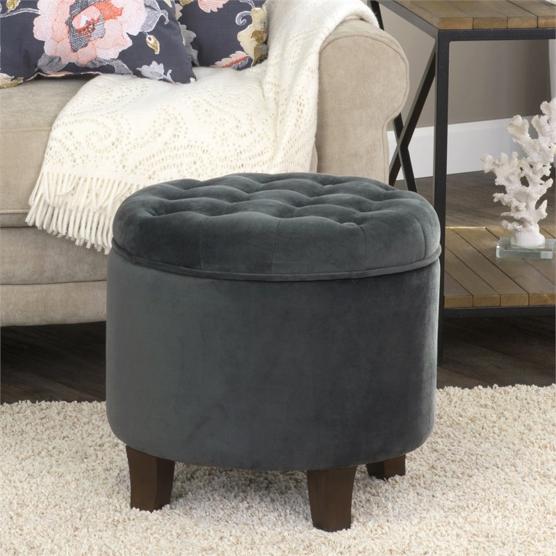 HomePop Round Transitional Wood and Velvet Storage Ottoman in Gray