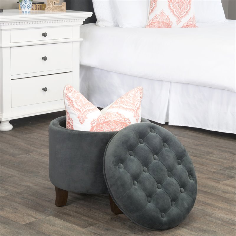 HomePop Round Transitional Wood and Velvet Storage Ottoman in Gray