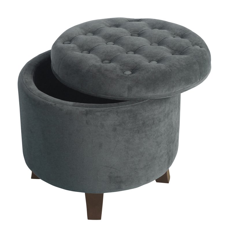 HomePop Round Transitional Wood and Velvet Storage Ottoman in Gray