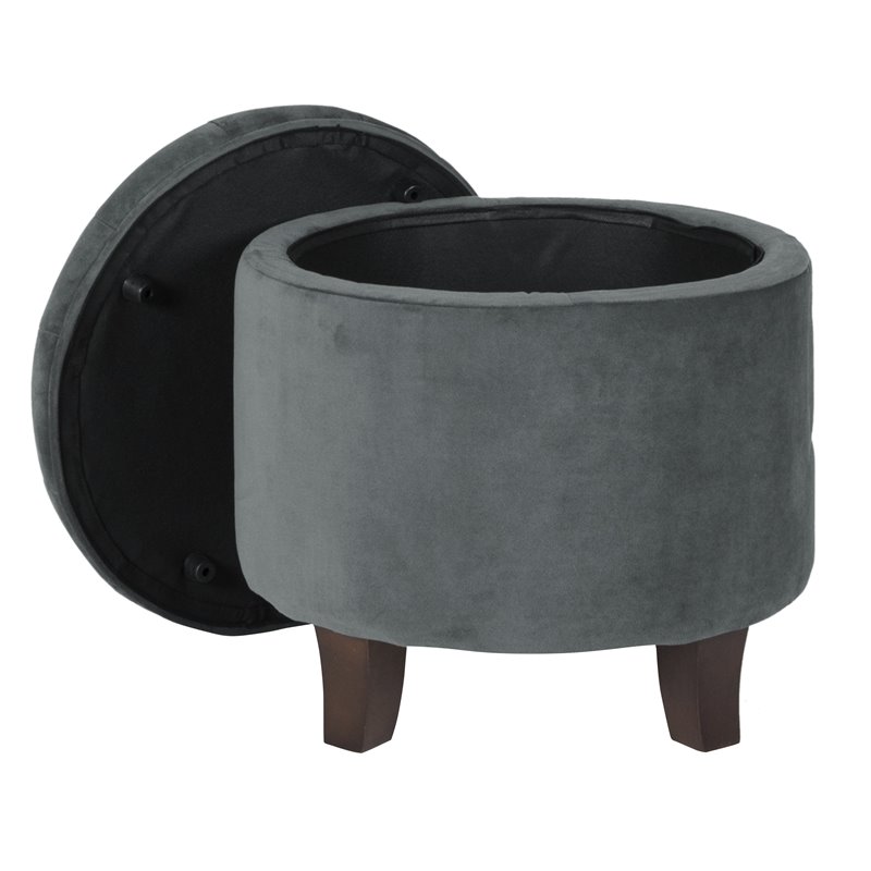 HomePop Round Transitional Wood and Velvet Storage Ottoman in Gray