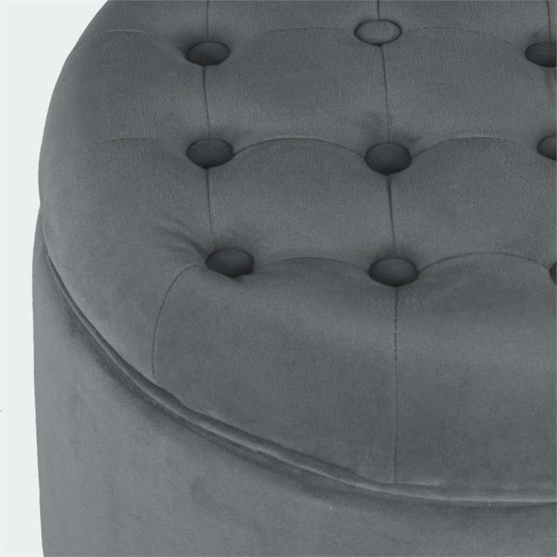 HomePop Round Transitional Wood and Velvet Storage Ottoman in Gray