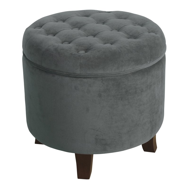 HomePop Round Transitional Wood and Velvet Storage Ottoman in Gray
