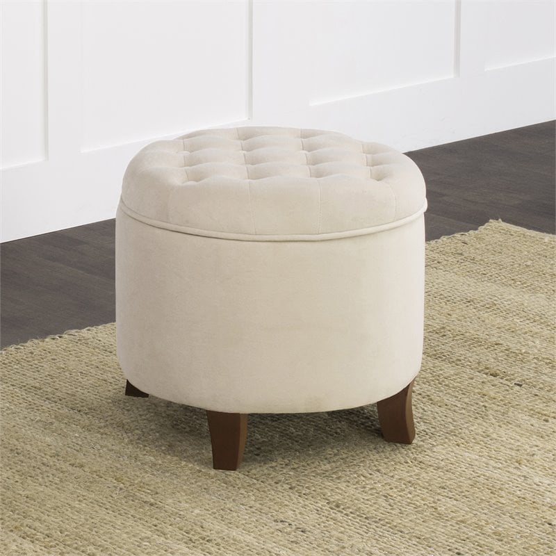HomePop Round Transitional Wood and Velvet Storage Ottoman in Cream