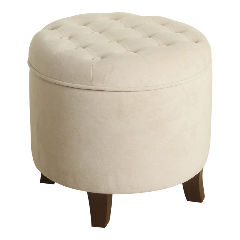 HomePop Round Transitional Wood and Velvet Storage Ottoman in Cream