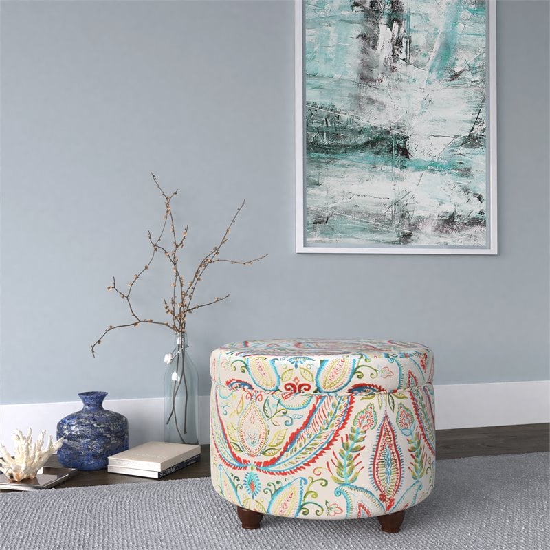 HomePop Round Transitional Cotton Paisley Pattern Storage Ottoman in Multi-Color