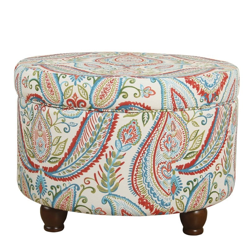 HomePop Round Transitional Cotton Paisley Pattern Storage Ottoman in Multi-Color