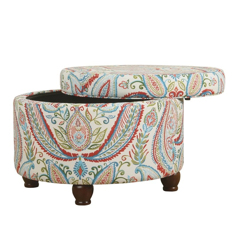 HomePop Round Transitional Cotton Paisley Pattern Storage Ottoman in Multi-Color