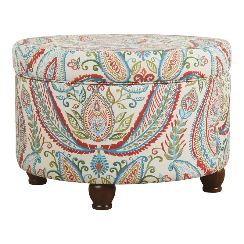 HomePop Round Transitional Cotton Paisley Pattern Storage Ottoman in Multi-Color