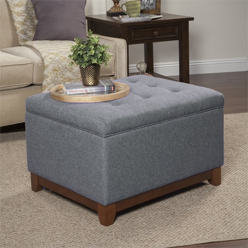 HomePop Square Traditional Fabric Tufted Bench with Wood Apron in Gray