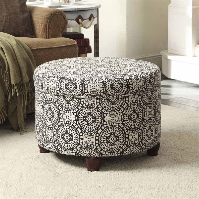 HomePop Suzani Transitional Fabric Fashion Medallion Storage Ottoman in Black