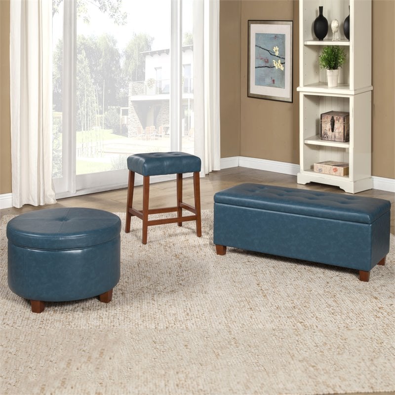 HomePop Transitional Faux Leather Large Storage Ottoman in Blue