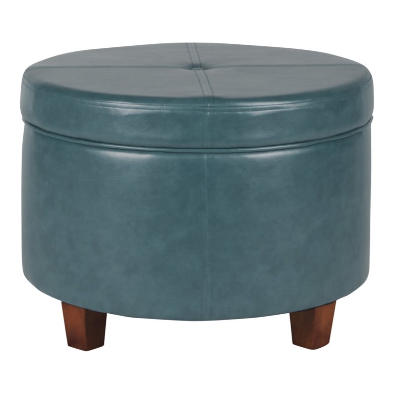 HomePop Transitional Faux Leather Large Storage Ottoman in Blue