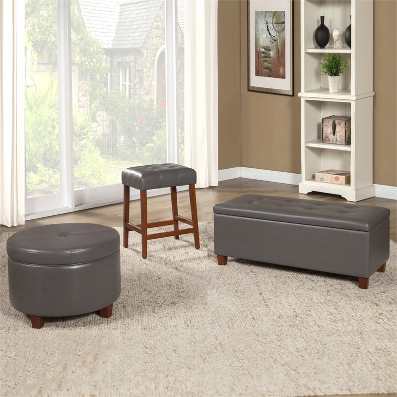 HomePop Transitional Faux Leather Large Storage Ottoman in Gray