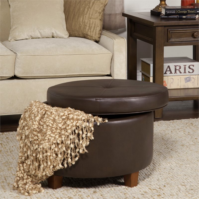 HomePop Transitional Faux Leather Large Storage Ottoman in Brown