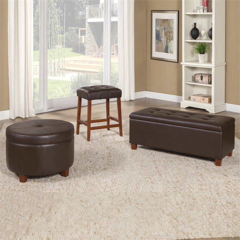 HomePop Transitional Faux Leather Large Storage Ottoman in Brown