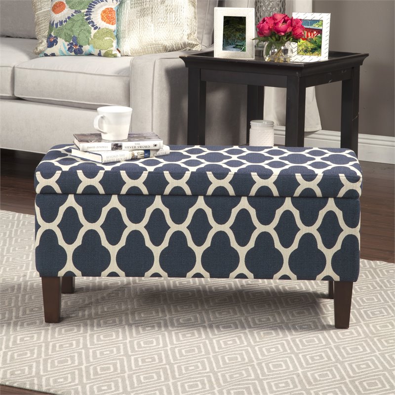HomePop Transitional Fabric Large Decorative Storage Bench in Navy Blue Geo