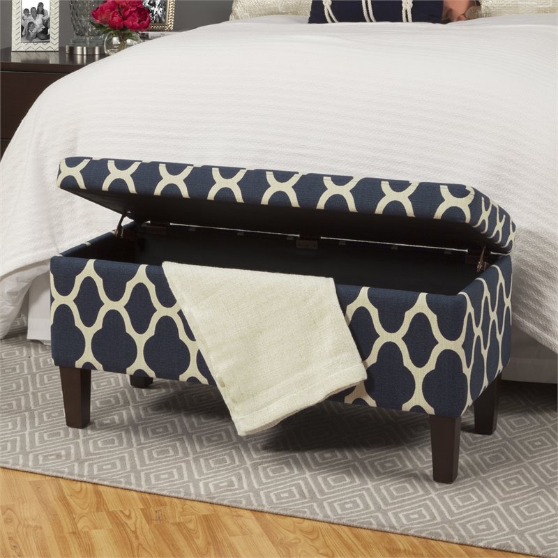 HomePop Transitional Fabric Large Decorative Storage Bench in Navy Blue Geo