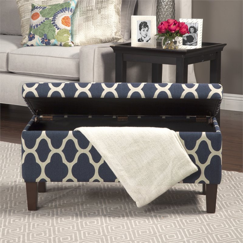 HomePop Transitional Fabric Large Decorative Storage Bench in Navy Blue Geo