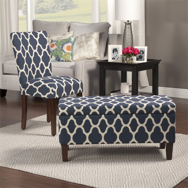 HomePop Transitional Fabric Large Decorative Storage Bench in Navy Blue Geo
