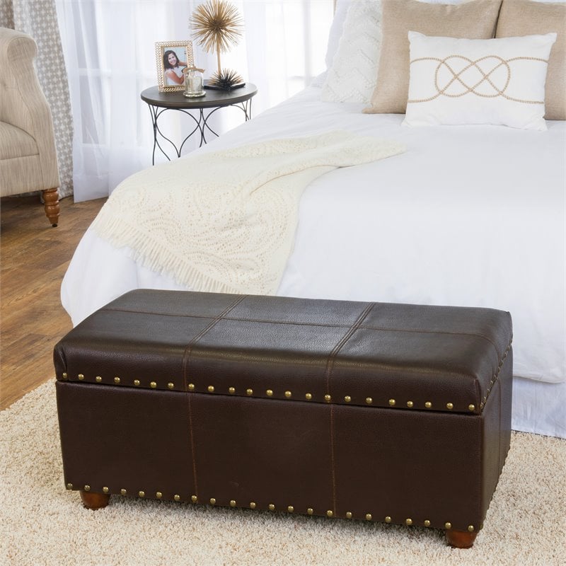 HomePop Traditional Faux Leather Storage Cocktail Bench in Brown