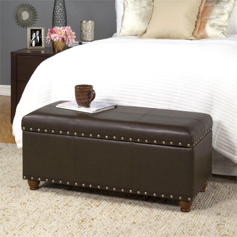 HomePop Traditional Faux Leather Storage Cocktail Bench in Brown