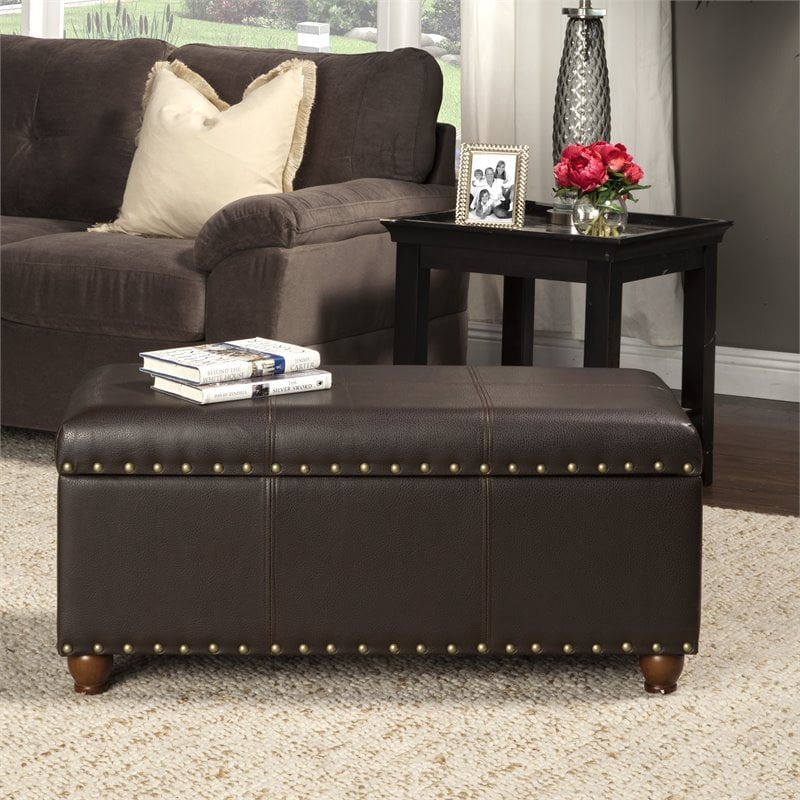 HomePop Traditional Faux Leather Storage Cocktail Bench in Brown