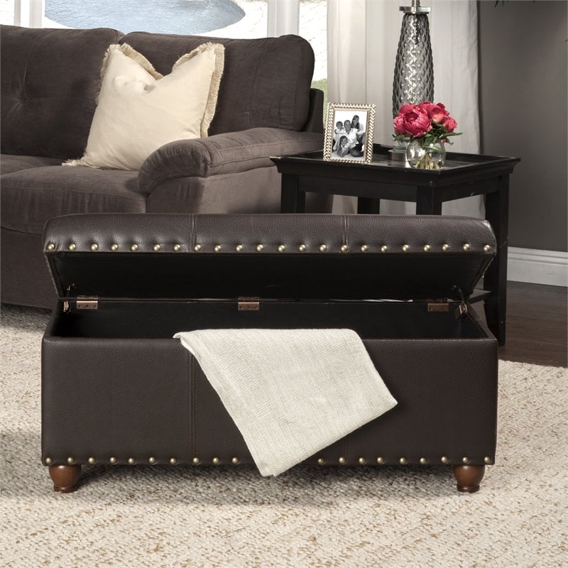 HomePop Traditional Faux Leather Storage Cocktail Bench in Brown