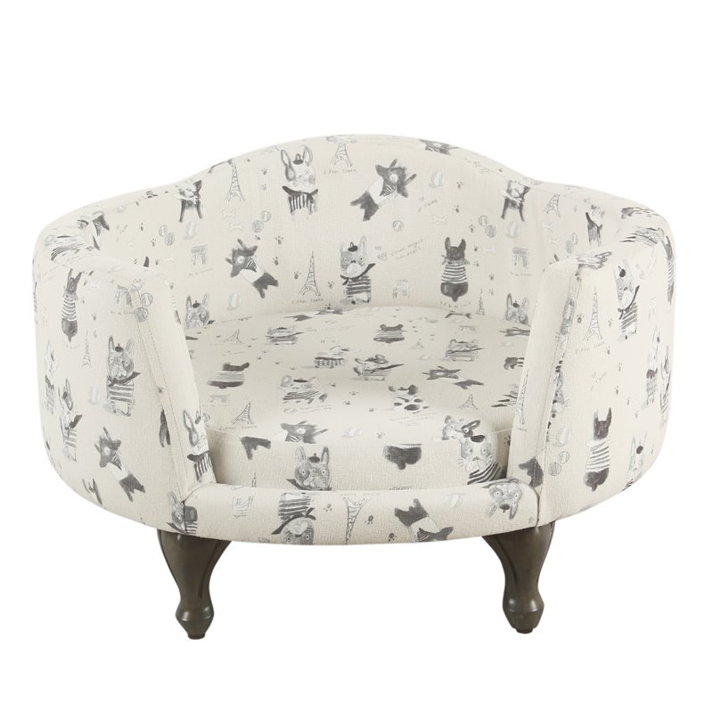 HomePop Traditional Fabric French Bulldog Print Pet Bed in Cream