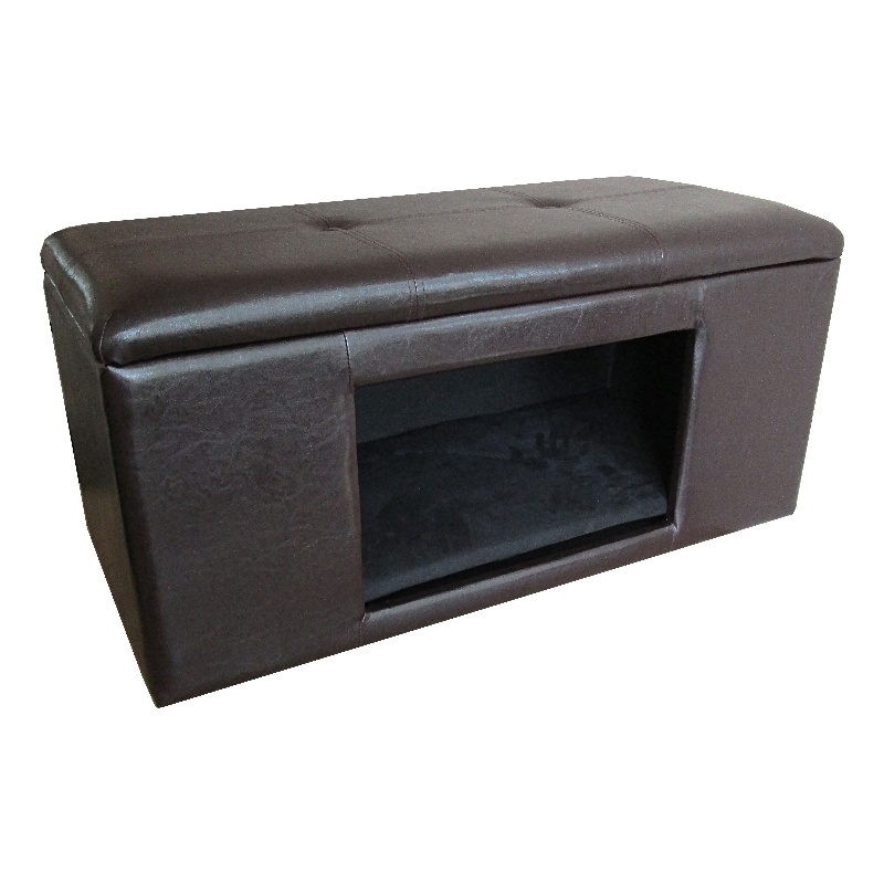 HomePop Traditional Faux Leather Decorative Pet Bed Bench in Brown