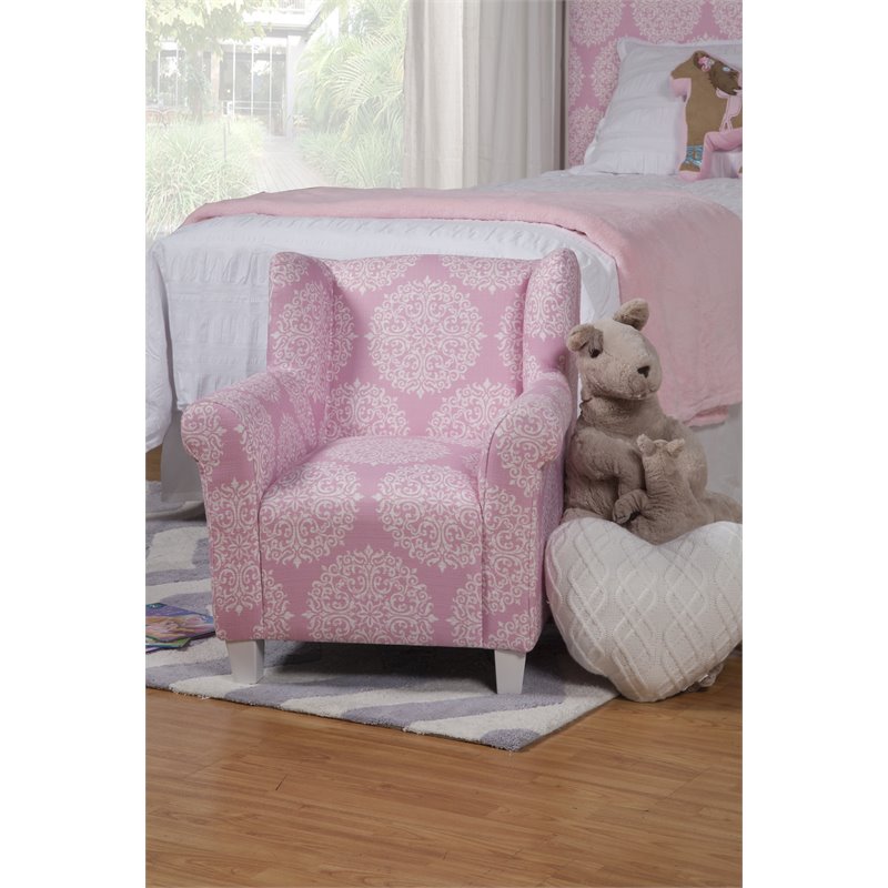HomePop Traditional Wood and Fabric Kids' Chair in Pink Medallion Print