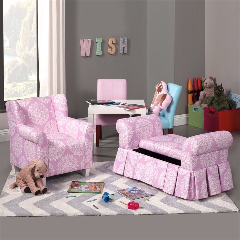 HomePop Traditional Wood and Fabric Kids' Chair in Pink Medallion Print