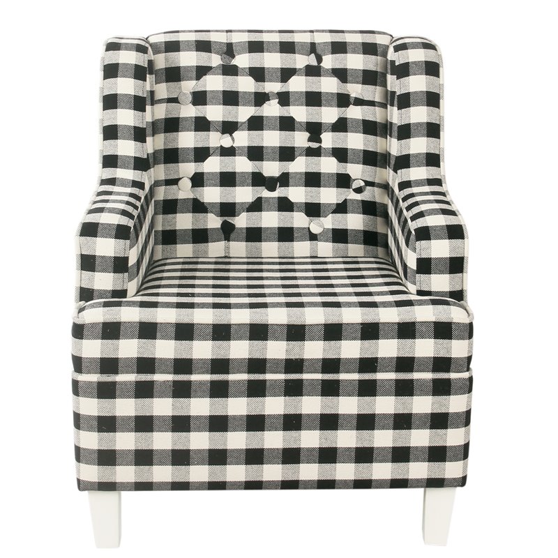 HomePop Wood and Cotton Plaid Pattern Kid's Tufted Wingback Chair in Black