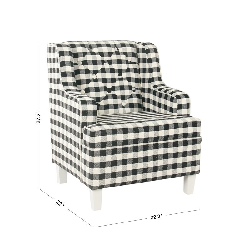 HomePop Wood and Cotton Plaid Pattern Kid's Tufted Wingback Chair in Black