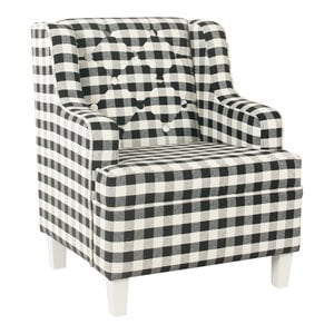 homepop wood and cotton plaid pattern kid's tufted wingback chair in black