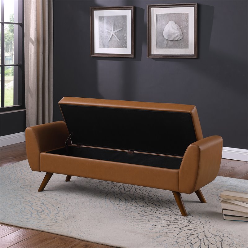 HomePop Modern Vegan Faux Leather Storage Bench with Wood Legs in Brown