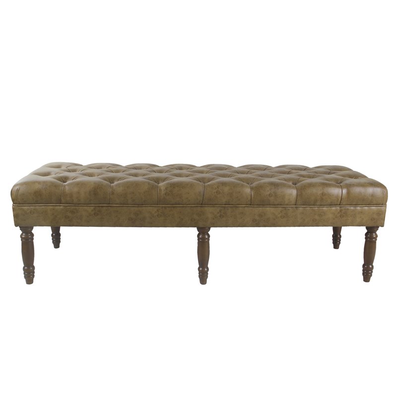 HomePop Classic Tufted Traditional Wood & Vegan Faux Leather Long Bench in Brown