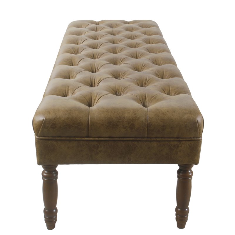 HomePop Classic Tufted Traditional Wood & Vegan Faux Leather Long Bench in Brown