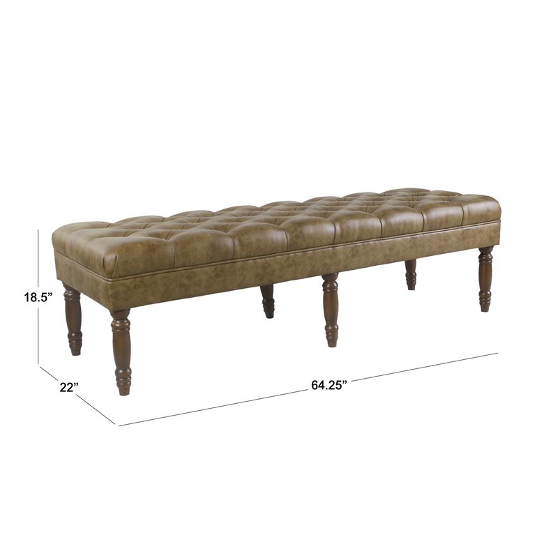 HomePop Classic Tufted Traditional Wood & Vegan Faux Leather Long Bench in Brown
